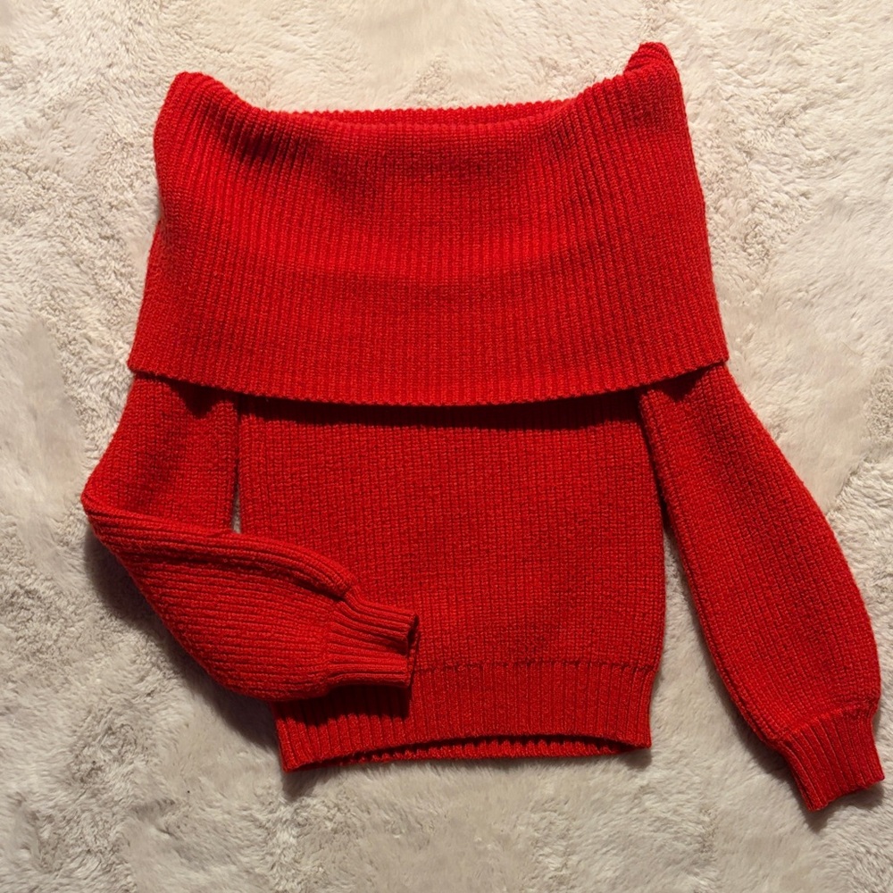 Red Off-the-Shoulder Ribbed Sweater